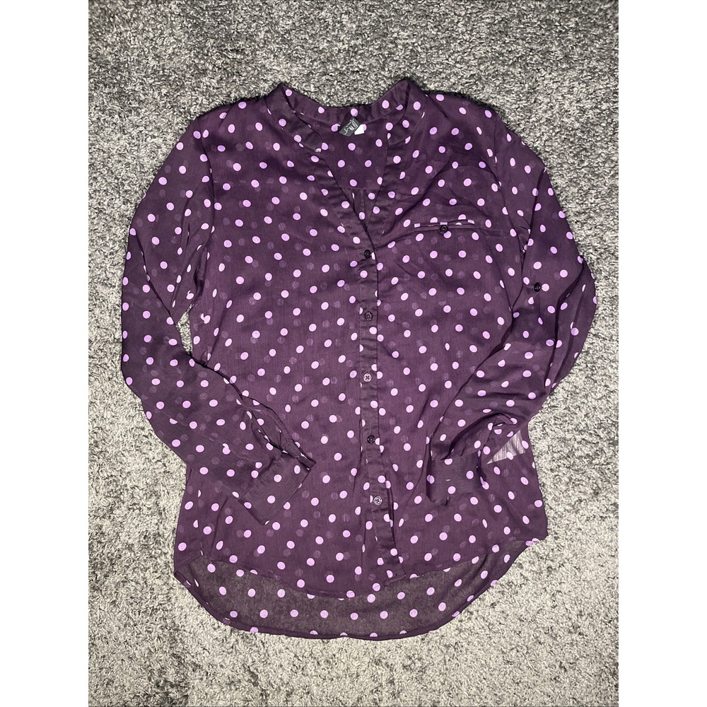 Kut From The‎ Kloth Purple Polka Dot Sheer Button Up Blouse 3/4 Roll Tab Sleeves
